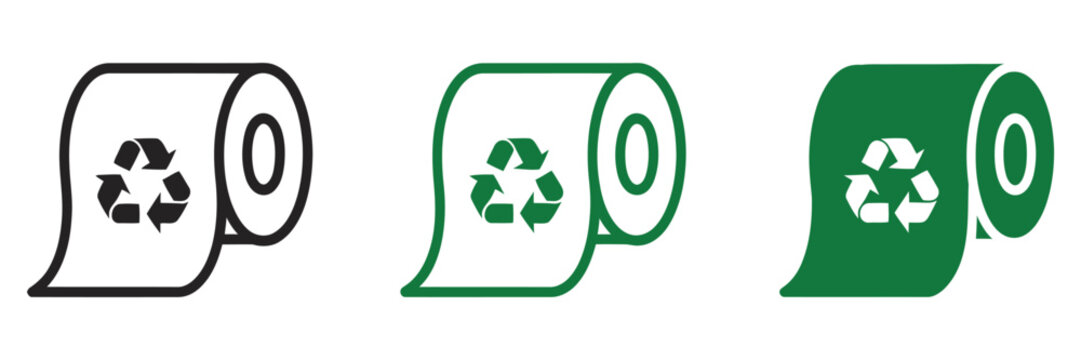 Recycle toilet paper icon for sustainable hygiene concept, reusable bathroom paper symbol, eco organic WC tissue recycling, and green environmental protection