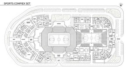 Detailed architectural blueprint of a large sports arena complex. © Hss