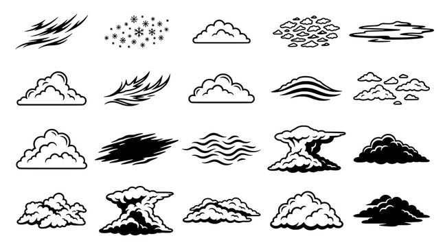 Clouds weather icons set with various weather conditions and elements featuring rain, snow, wind with storm and lightning elements for sun, sky