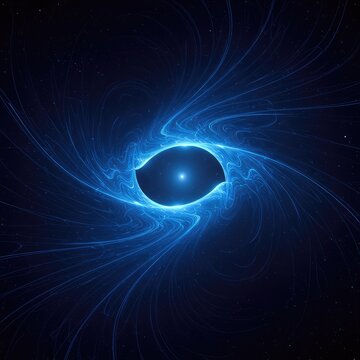 A conceptual abstract representation of gravitational force warping the fabric of space-time, featuring deep blue cosmic colors and curved lines, energy flow, gravity, dynamic