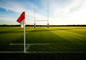 Obraz premium Rugby field with goal posts and a corner flag on a sunny green grass pitch