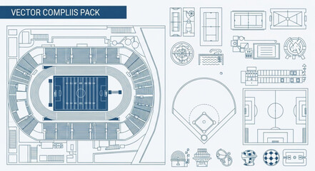 Architectural Blueprint of Sports Stadiums and Fields. © Hss