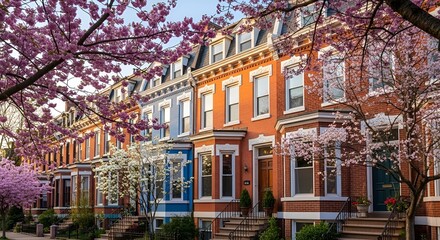 Obraz premium Charming Row Houses with Blooming Cherry Blossoms in Spring