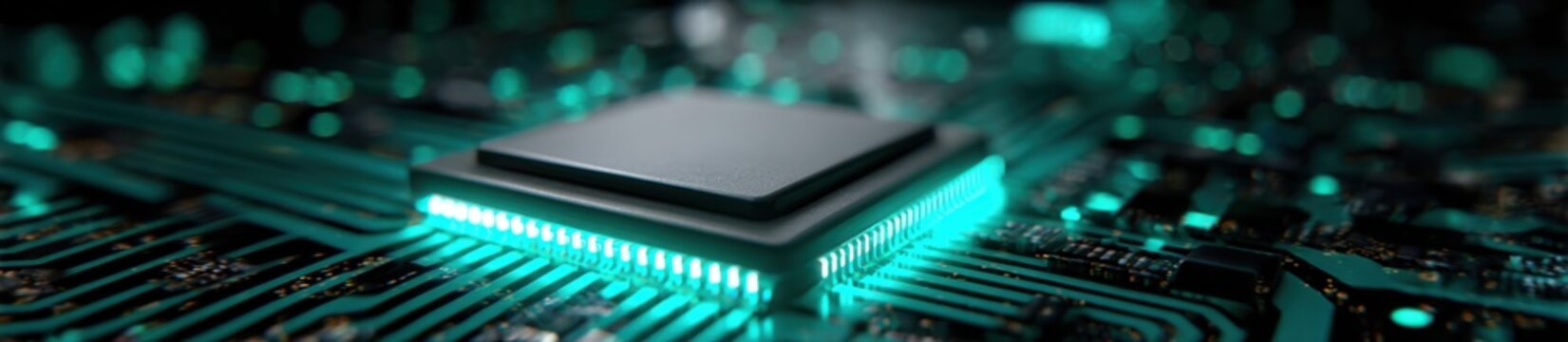 Close-up of a glowing computer processor on a circuit board with neon green lights.