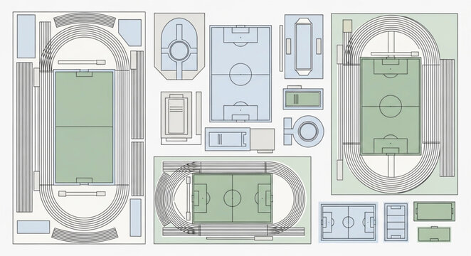 Architectural Plans of Sports Stadiums and Fields.