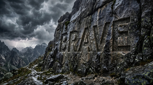 Mountain Rock Brave Text Storm