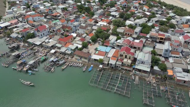Oceanfront Houses In An Cu Village Vietnam Lang Co Bay Drone Pull Back 4K 60FPS