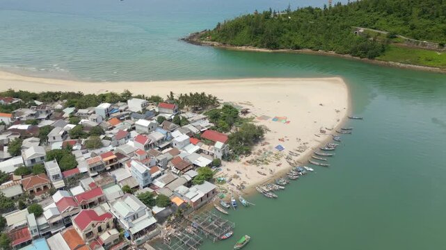 Asian Fishing Village By The Sea An Cu Central Vietnam Lang Co Province Boats Houses And Sand Drone Track Right 4K 60FPS