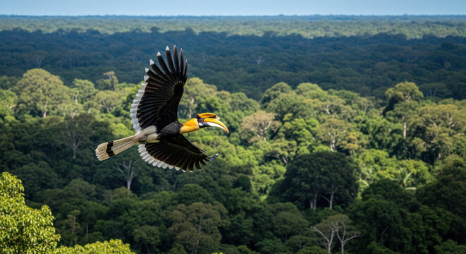 Great Hornbill in Flight Majestic Bird Soaring Through the Air.