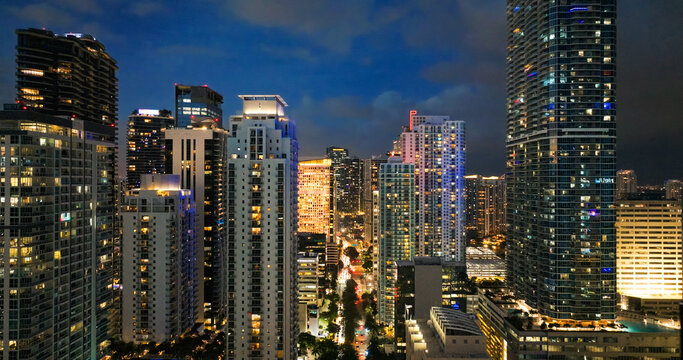 Miami brickell skyline at dusk with city lights