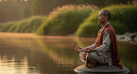 Fototapeta premium Buddhist man meditating on river rock, practicing spiritual contemplation. Calm Buddhist man meditating, eyes closed in serene nature. Peaceful Buddhist man meditating for mindfulness, zen.