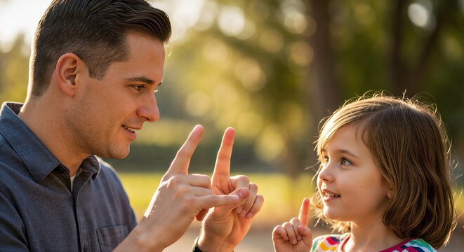 Deaf man child communicating through sign language, sharing a special bond outdoors in sunlight. Father and daughter interacting, deaf man child teaching communication skills and connection.