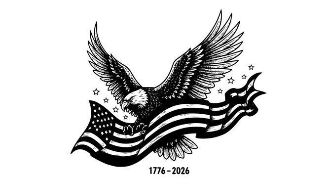 Bald eagle carrying american flag ribbon 1776-2026 with stars and stri
