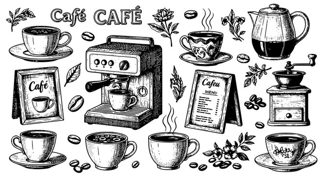 Hand-drawn cafe collection: coffee machine cups grinder menu