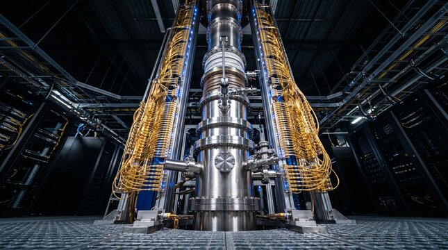 Advanced Quantum Computer Core with Gold Wiring in Data Center Laboratory