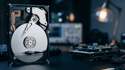 Obraz premium Open hard drive disk platter with read-write arm suspended, electronics environment