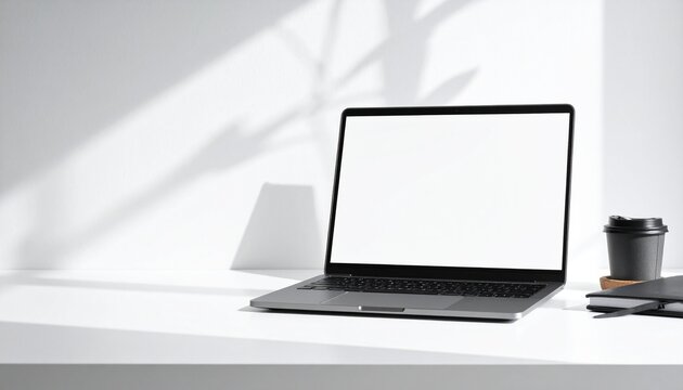 Minimalist workspace with laptop coffee and notebook, clean aesthetic background, realistic shadows, productivity concept, ultra realistic