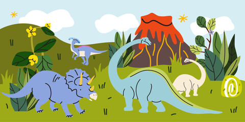 Prehistoric landscape with dinosaurs, volcano and tropical plants. Jurassic world with brachiosaurus, triceratops and parasaurolophus in jungle © luamor