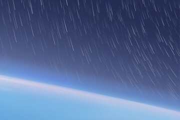 Pastel blue outline of planet in space. Earth horizon and star trails © arvitalya