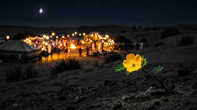 A vibrant yellow tribulus omanense flower blooms in the foreground of a desert landscape at night, with a Bedouin camp illuminated by lights and a crescent moon overhead