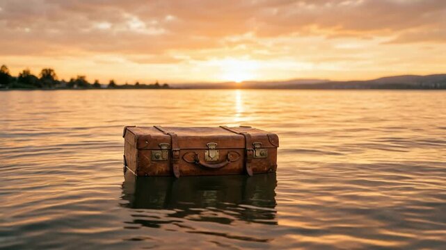 vintage leather suitcase floating at the beach golden hour emigrant symbol concept