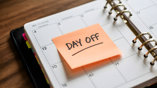 A calendar with a day off marked on a sticky note on a wooden desk