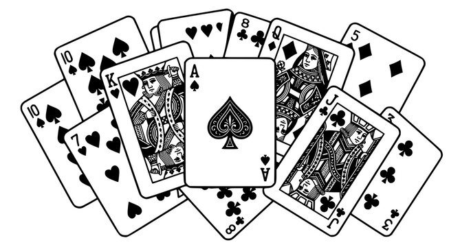Black and white casino playing cards vector illustration set with poker symbols and gambling elements isolated on white background