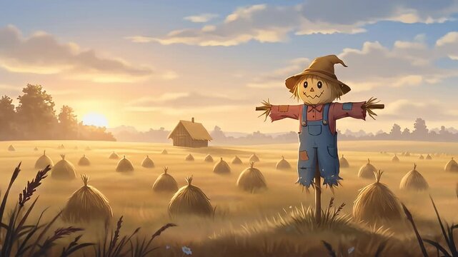 A smiling scarecrow stands in a golden field with hay bales during sunrise