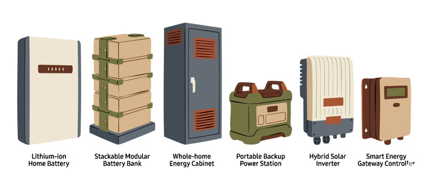 Home Energy Storage Systems Battery Bank and Solar Power Equipment Set, illustrating modern residential off-grid electricity backup solutions, smart inverter, and renewable energy gateway controllers.
