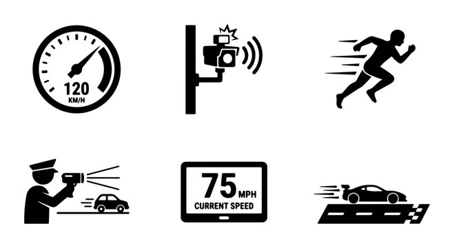 Speed Limit Icons: Speedometer, Speed Camera, Runner, Police Officer, Speed Display, Race Car Vector Set, Traffic Enforcement Symbols