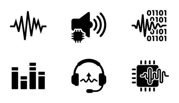 Audio Waveform and Sound Technology Icons Set, Digital Signal Processing and Music Production Graphics, Vector Elements for Sound Engineering and Media Applications
