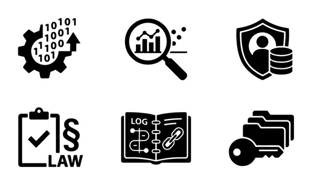 Cybersecurity and Data Protection Icons: Binary Code, Analytics, Shielded User, Legal Compliance, Logbook, and File Security Vector Set