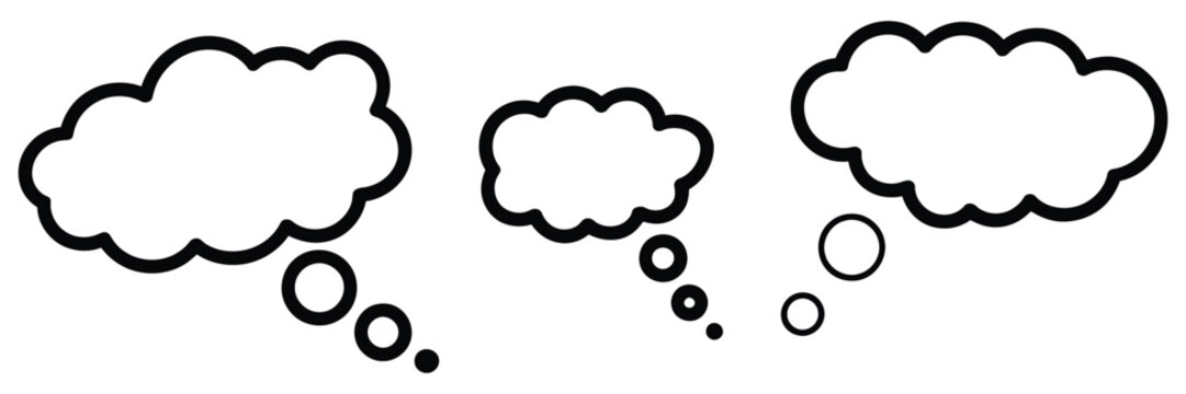 Thought bubble icon for thinking process symbol, idea generation concept, inner speech visualization, brainstorming creativity, and communication thought expression vector