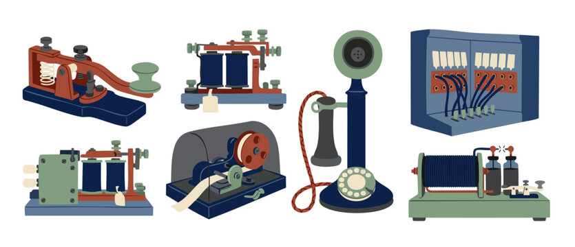 Vintage Communication Technology Collection Set, Antique Telegraph Equipment, Retro Telephone Switchboard, Morse Code Keys, Old Electrical Telegraphy Instruments, Historical Electronic Devices Illustr