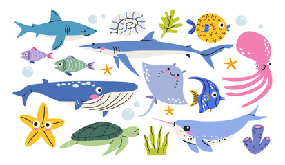 Cute sea animals vector set. Underwater mammals, narwhal, shark, whale, stingray, octopus, sea turtle, starfish, algae and coral for stickers, children books and nursery decor © luamor