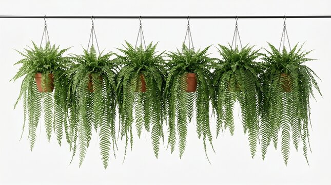 A row of lush green hanging ferns with long, cascading fronds, suspended from a thin rod against a white background
