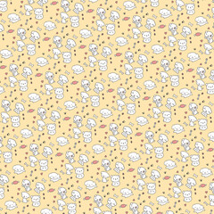 Fototapeta premium Cute hand-drawn white puppy seamless pattern with bones and hearts on yellow background