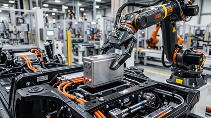 Fototapeta premium Robotic Arm Assembling Electric Vehicle Battery in Smart Factory