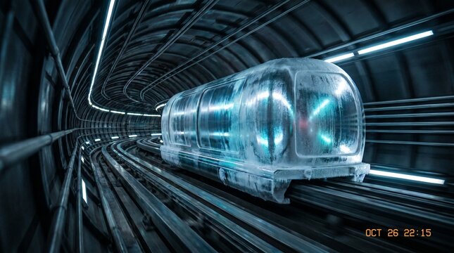 Futuristic High Speed Transport Pod in Dark Underground Tunnel System
