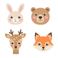 Fototapeta premium Set of four forest animal heads featuring a rabbit bear deer and fox with simple facial features and soft colors on a white background for woodland and nature nursery themes