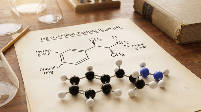 Chemical formula and molecular model of methamphetamine on wooden desk