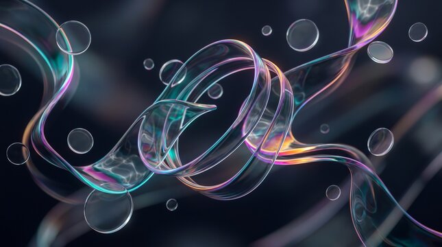 Abstract fluid ribbons and bubbles with iridescent highlights, representing a flowing, dynamic, and ethereal concept