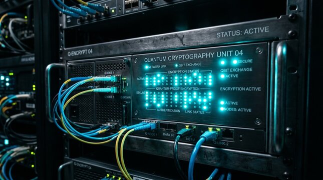 Quantum Cryptography Server Rack with Glowing Blue Data Status Lights