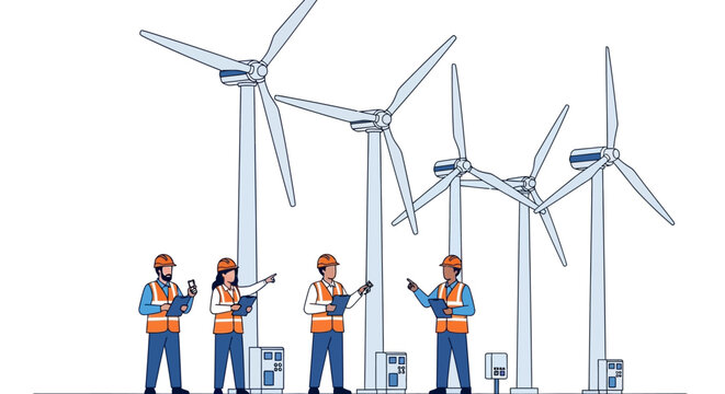 Engineers inspecting wind turbines in a renewable energy illustration