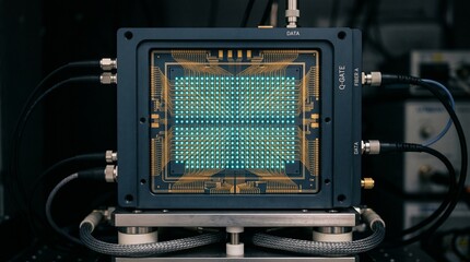 Fototapeta premium Quantum computing processor with glowing data grid and circuitry
