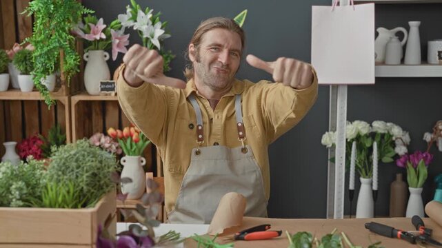 Man florist gives thumbs up while arranging a bouquet of tulip and lily stems on a workbench with pruning shears and wrapping paper in a studio; cheerful craft.