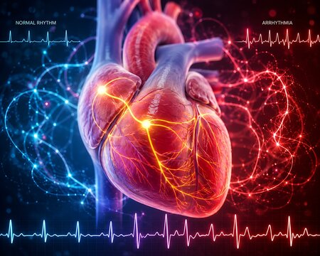 Human heart anatomy with normal rhythm and arrhythmia ECG waves, medical illustration of cardiac electrical system and irregular heartbeat concept.