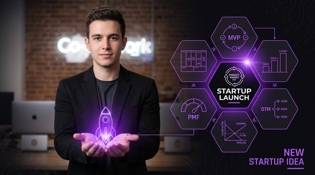 Startup Rocket Launch Concept with Entrepreneur Presenting Innovative Business Idea in Modern Office