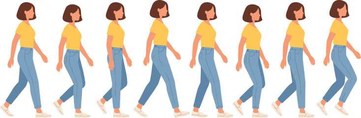 Obraz premium Young Woman Walking Animation Frames with Smooth Character Movement Poses for Game Design, Motion Graphics, and Cartoon Vector Projects