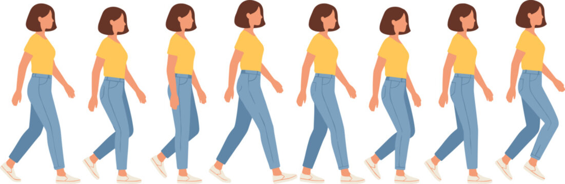 Young Woman Walking Animation Frames with Smooth Character Movement Poses for Game Design, Motion Graphics, and Cartoon Vector Projects